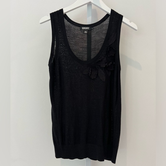 DKNY BLACK LINEN FLORAL APPLIQUÉ KNIT TOP SIZE S - Picture 7 of 16
